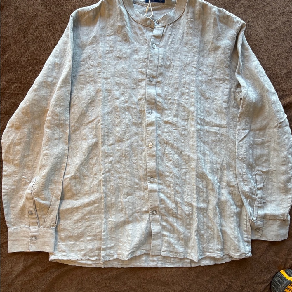 Isle Bay Men's Light Gray Linen Blend Band Collar Long Sleeve Button-Up Shirt XL